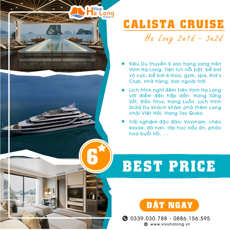 Calista Cruise - Du thuyền ngủ đêm 6 sao Vịnh Hạ Long - Lan Hạ