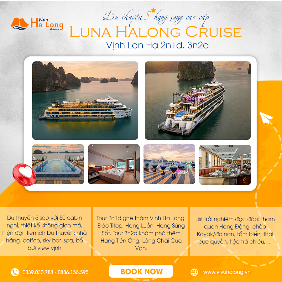 Luna Hạ Long Cruise – Du thuyền 5 sao tour Vịnh Hạ Long 2n1d, 3n2d